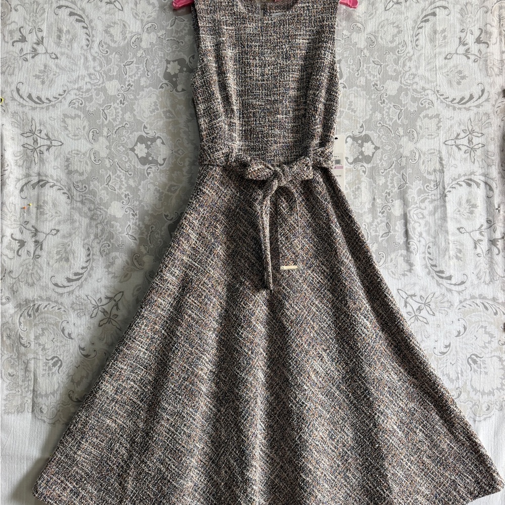 Calvin Klein Brown and Cream Tweed Midi Dress with Self-Tie Waist